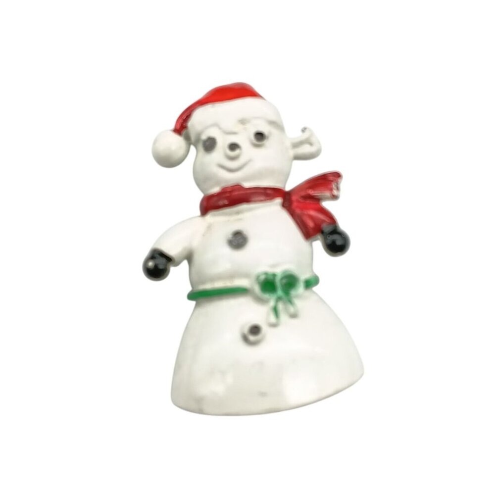 Vintage Snowman Brooch With Red Hat & Scarf Hand-Painted Enamel Holiday Pin